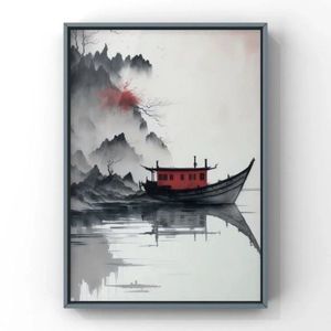 Chinese Muted Ink Art Boat and Cottage Art Print